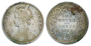 Victoria Queen, Silver, Rupee, 1862, obv. A, rev. II, top no dot, bottom one unit dot with