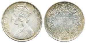 Victoria Queen, Silver, Rupee, 1862, obv. B, rev. II, top three dots , bottom no dot, Bomb