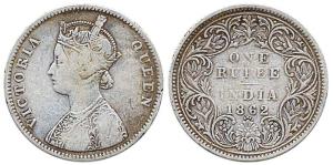 Victoria Queen, Silver, Rupee, 1862, obv. A, rev. I, top no dots, bottom four dots, Bombay
