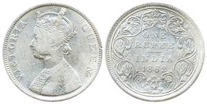 Victoria Queen, Silver, Rupee, 1862, obv. B, rev. II, top no dot, bottom seven dots, Chise
