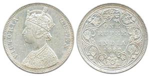 Victoria Queen, Silver, Rupee, 1862, obv. A, rev. II, top no dot, bottom twelve dots, Bomb