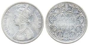 Victoria Queen, Silver, Rupee, 1862, obv. A, rev. I, top one dot, bottom one dot, with cre