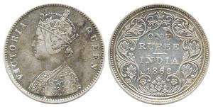 Victoria Queen, Silver, Rupee, 1862, obv. A, rev. II, top dot in top flower, bottom seven 