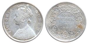 Victoria Queen, Silver, Rupee, 1862, obv. B, rev. II, top two dots, bottom three dots, Bom