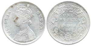 Victoria Queen, Silver, Rupee, 1862, obv. A, rev. II, top two dots, bottom four dots, Bomb