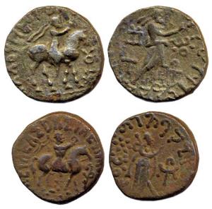 Indo-Scythians, Azes, Tetra Drachm, Horseman to right on obv, goddess on rev. Fine+, Scarc