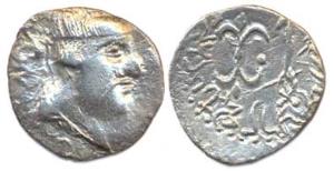 Western Kshatrapas , Nahapana, Silver, Drachma, bust of the king and corrupt legend, rev. 