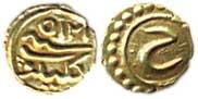 Tipu Sultan, Gold, Fanam, Kalikut Mint, AM 1215, AD 1786. Complete date and mint name. Ext