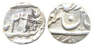 Silver, 1/8 Rupee, in the name of Shah Alam II, Lucknow Mint, frozen RY 26. Very Fine, Sca