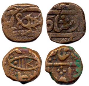 Copper, Fish Paisa, with whiskers on obv. as mintmark, Hathras Mint, in the name of Shah A
