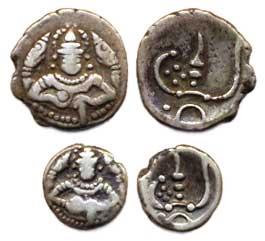 Silver (2), Double and 1 Fanam, half bust of Shiva facing front with a serpent on each sid