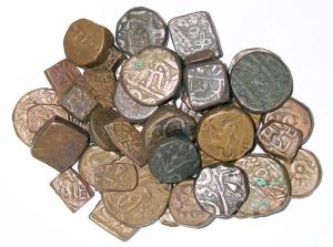 Native State copper coins, lot of 46 pcs. various types and motifs including states like T