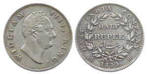 William, Silver ½ Rupee, 1835, Calcutta Mint, R. S. incuse on truncation, bud flower, 21 B