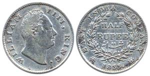 William, Silver, ½ Rupee, 1835, Calcutta Mint, F raised, two leaves, 19 berries. Fine.