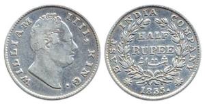 William, Silver, ½ Rupee, 1835, Bombay Mint, no initials, two leaves, 19 berries. Fine.