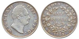 William, Silver, ½ Rupee, 1835, Bombay Mint, no initials, two leaves, 20 berries. Fine.