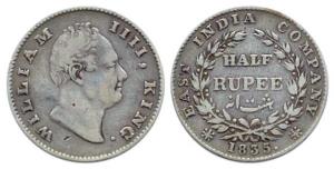 William, Silver ½ Rupee, 1835, Calcutta Mint, F incused, two leaves, 20 berries. Fine.