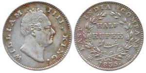 William, Silver ½ Rupee, 1835, Calcutta Mint, Dug out F, two leaves, 20 berries. Very Fine