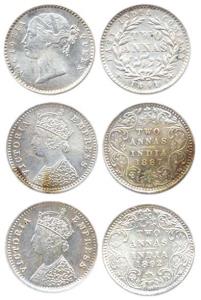 Silver, 2 Annas, Victoria Queen, 1841 and Empress 1887, 1892. Extremely Fine. (3)