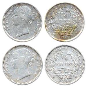 Victoria Queen, Silver, ¼ Rupee, 1840. Fine. (2)