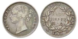 Queen Victoria, ½ Rupee, divided legend, B raised and WW incused on truncation, AD 1840. F