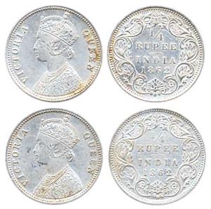 Victoria Queen, Silver, ¼ Rupee, 1862. Very Fine and Extremely Fine. (2)