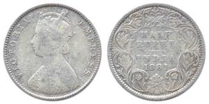 Victoria Empress, Silver, ½ Rupee, 1881, obv. A, rev. I, C incuse, Good.