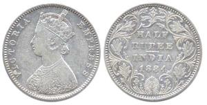 Victoria Empress, Silver, ½ Rupee, 1884, obv. A, rev. II, Bombay Mint, no mint mark. Fine+