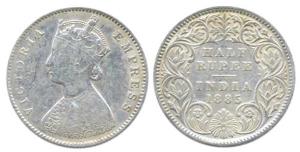 Victoria Empress, Silver, ½ Rupee, 1885, obv. A, rev. I, C incuse. Fine.