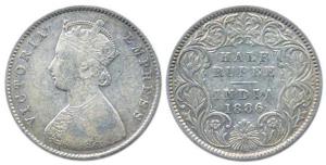 Victoria Empress, Silver, ½ Rupee, 1886, obv. A, rev. I, C incuse. Fine.