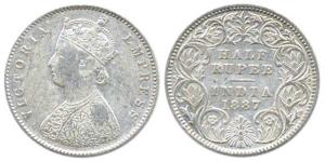 Victoria Empress, Silver, ½ Rupee, 1887, obv. A, rev. I, C incuse. About Very Fine.