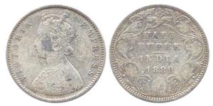 Victoria Empress, Silver, ½ Rupee, 1889, obv. A, rev. II, B raised. Fine+.