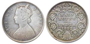 Victoria Empress, Silver, ½ Rupee, 1892, obv. A, rev. I, C incuse. About Very Fine.