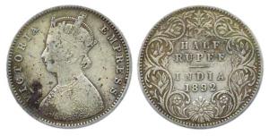 Victoria Empress, Silver, ½ Rupee, 1892, obv. A, rev. I, B incuse. Fine.
