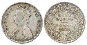 Victoria Empress, Silver, ½ Rupee, 1893, obv. A, rev. I, B incuse. Fine+.