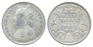 Victoria Empress, Silver, ½ Rupee, 1893, obv. A, rev. I, C incuse. Fine.