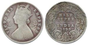 Victoria Empress, Silver, ½ Rupee, 1898, obv. A, rev. I, C incuse, PM over struck on obv.,