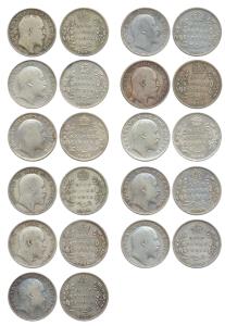 Edward, Silver (11), ½ Rupee, various dates 1906, 1907, 1908 1909 and 1910. Fine to Very F