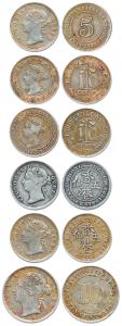 Victoria, Strait Settlements 5 and 10 cents (2); Hong Kong 5 cents (2) and Ceylon 10 cents