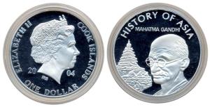 Cook Island, Silver, Dollar, Mahatma Gandhi on obv., 2004. Proof.