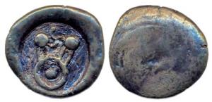 Punch-marked Coins, Kuntala Janapada, Silver, 6.44 g, Double Karshapana, pulley and triscl