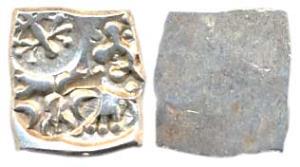 Punch-marked coins, Chindwara Region, Silver, 1.63 g, ½ Karshapana, four symbols on obv., 