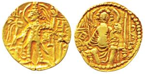 Later Kushanas, Saka, Gold, Dinar, king standing facing left, holding a trident and offeri
