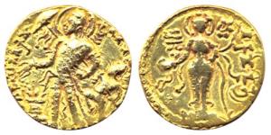 Guptas, Chandragupta II, Gold, Dinar, Chhatra type, an attendant holding a royal umbrella 
