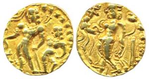 Guptas, Chandragupta II, Gold, Dinar, Chhatra type, an attendant holding a royal umbrella 