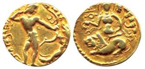 Guptas, Chandragupta II, Gold, Dinar, Lion-Slayer type, king slaying a lion with a bow and
