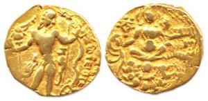 Guptas, Chandragupta II, Gold, Dinar, Archer type, king standing to right holding a bow an