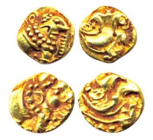Western Gangas, Gold (2), Gajapati Fanam, obv. caparisoned elephant to right chewing sugar