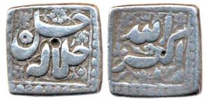 Akbar, Silver, Square Rupee, Allahu Akbar on obv. and Jalejallahu on rev., no mint no date