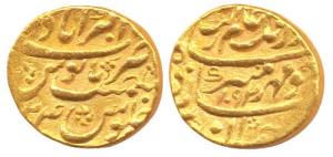 Aurangzeb, Gold, Mohur, Akbarabad Mint, AH 1092/24, mint name without epithet at top on re